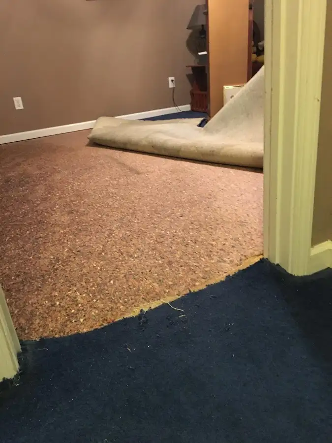 Carpet pad removal revealing water damage during Water Mitigation Services in Hopewell